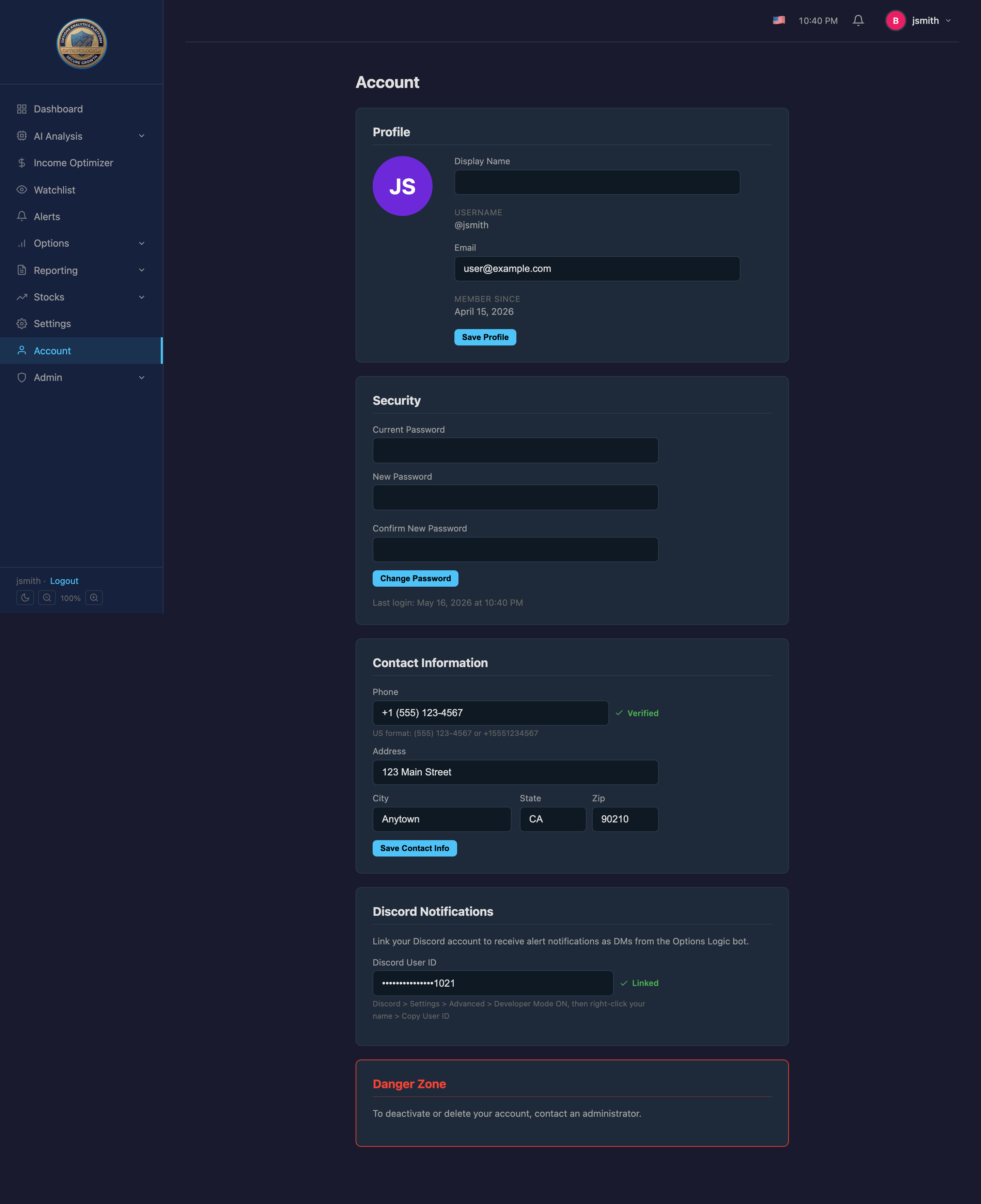 Account page with Discord Notifications section